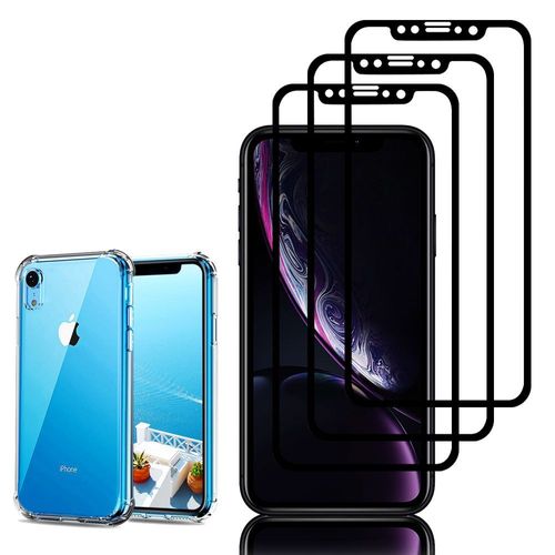 Coque Silicone Tpu Souple Pour Apple Iphone Xr (2018) 6.1" Anti-Choc Ultra Résistant Avec Coins Renforcés - Transparent + 3 Films Verre Trempé - Noir