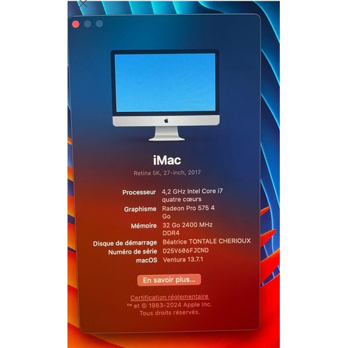 Apple iMac 27" Intel Core i7 - 4.2 Ghz - Ram 32 Go - DD 1 To