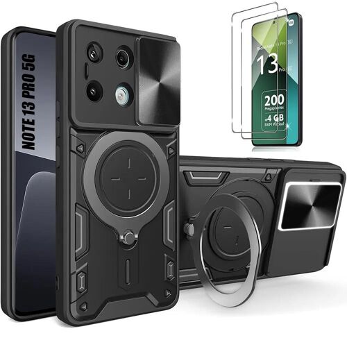 2 Verres Trempés + Coque pour Xiaomi Redmi Note 13 Pro 5G (pas pour 4G) Noir Anti-Rayure Renforcée Cache Caméra Support - E.F.Connection