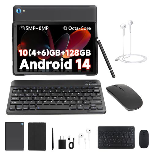 Tablette 2-in-1 Android 14 Tablet With 10 Go RAM + 128 Go ROM (1TB TF), Octa-Core Processor Touch Tablet, Widevine L1, Bluetooth 5.0, Dual Camera, 5000mAh, WiFi 6 with Bluetooth Keyboard Mouse Case (Black)