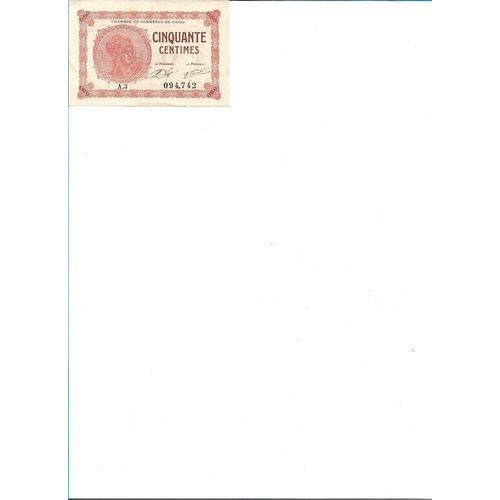Billet De 50 Centimes Chambre De Commerce De Paris A.3 N° 094742