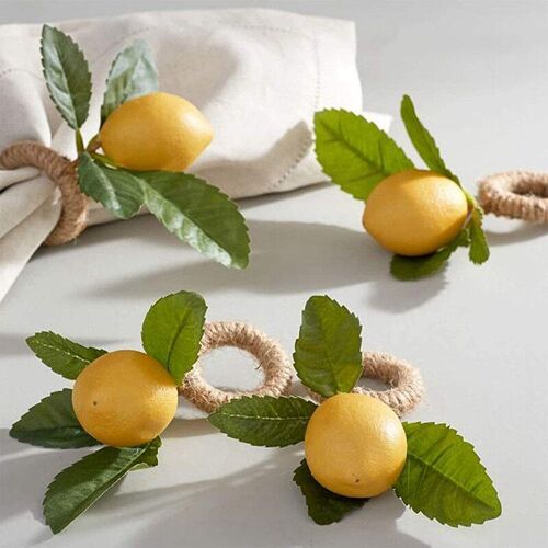 Offre Spéciale 10 Pièces À La Main Serviette Anneaux Jaune Faux Citron Avec Vigne Anneau De Serviette Pour Mariage, Dîner, Banquet, Serviette