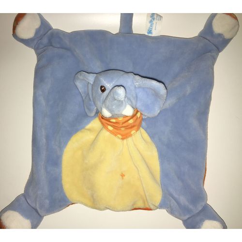 Doudou Éléphant Plat Kimbaloo Bleu Jaune Orange Blanc Peluche Bébé 
