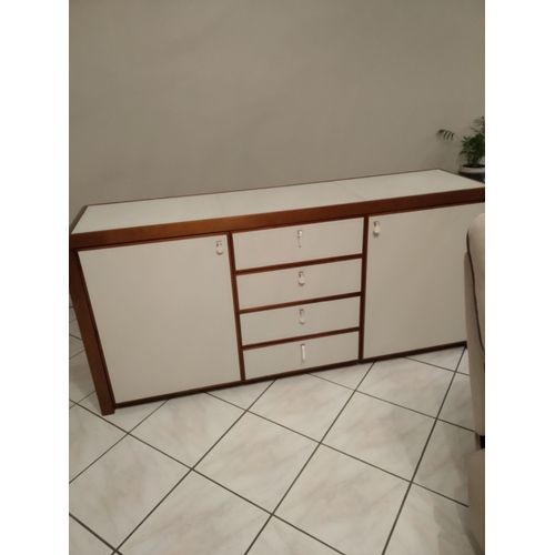 Buffet Bas En Bois Massif Exotique Et Cuir Blanc Cousu.