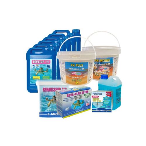 Pack MAREVA Kit Rev-Aqua 60 à 90 m3 - lot de 6 Algicide Ravatop 12 % - Réhausseur de TAC - Cartouches clarifiantes Reva-klar - Stabilisateur de pH