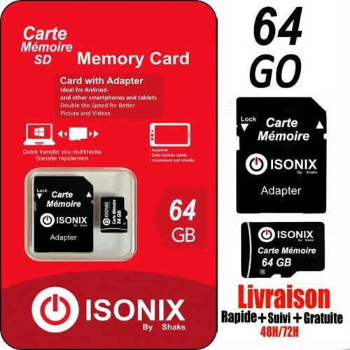 Carte Mémoir Micro-sd 64Go SDHC:SDXC + Adaptateur 100% Réal Class 10
