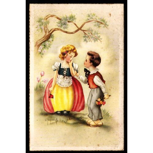 Carte Postale Ancienne, France, Dessin De Jeunes Enfant En Sabots, Bouquets De Fleurs À La Main