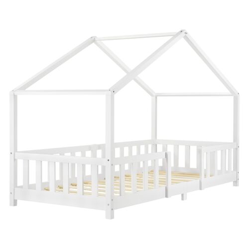 Lit d'enfant design en forme maison avec barrière sécurité construction solide bois de pin contreplaqué blanc 90x200 cm 03_0005465