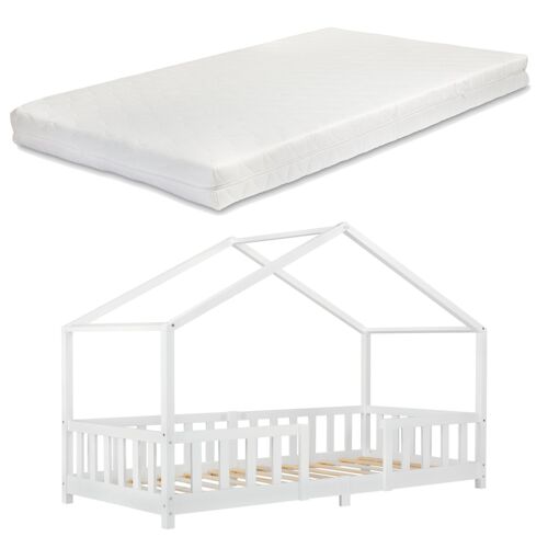 Lit d'enfant design en forme maison avec barrière et matelas en mousse bois de pin contreplaqué 90x200 cm blanc mat laqué 03_0005455