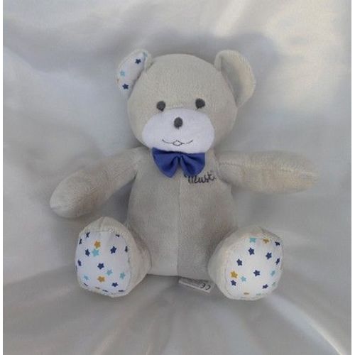 Doudou Peluche Ours Assis Gris Assis Noeud Bleu Musti De Mustela