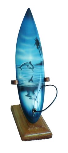 Bibelot planche a voile bleue dauphin palmier. Bois. 22 cm