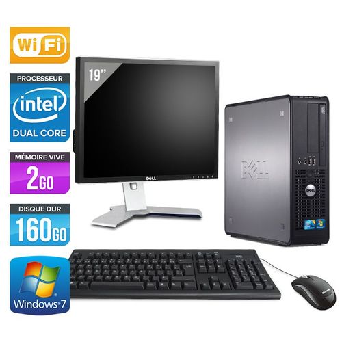 Dell Optiplex 780 SFF + Ecran 19'' - Intel Core Duo E5300 / 2.60 GHz - RAM 2 Go - HDD 160 Go - DVD - GigaBit Ethernet - Wifi - Windows 7 Professionnel