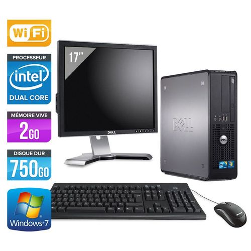 Dell Optiplex 780 SFF + Ecran 17'' - Intel Core Duo E5300 / 2.60 GHz - RAM 2 Go - HDD 750 Go - DVD - GigaBit Ethernet - Wifi - Windows 7 Professionnel