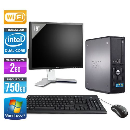 Dell Optiplex 780 SFF + Ecran 19'' - Intel Core Duo E5300 / 2.60 GHz - RAM 2 Go - HDD 750 Go - DVD - GigaBit Ethernet - Wifi - Windows 7 Professionnel