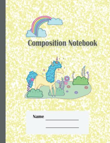 Composition Notebook: Wide Ruled Colorful Yellow Marble Cover With Cute Unicorn And Nature