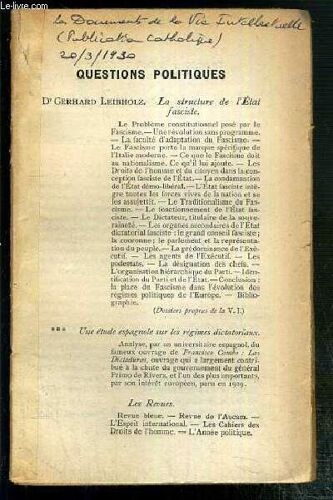 Questions Politiques - Le Document De La Vie Intellectuelle (Publication Catholique) - 20-03-1930