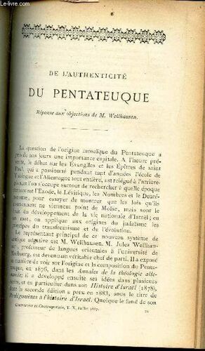De L'authenticite Du Pentateuque - Réponse Aux Objections De M. Wellhausen.
