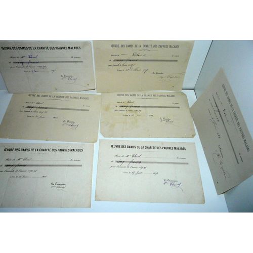 Oeuvres Des Dames De La Charité Des Pauvres Malades, Lyon, Lot De 7 Quittances De 1886 À 1892