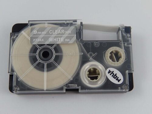 vhbw Ruban compatible avec Casio KL-200, KL-130, KL-100E, KL-120, KL-1500, CW-L300 imprimante d'étiquettes 8m x 9mm Blanc sur Transparent