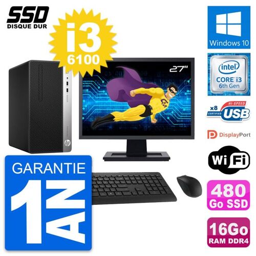 PC Tour HP 400 G4 MT Ecran 27" Intel i3-6100 RAM 16Go SSD 480Go Windows 10 Wifi