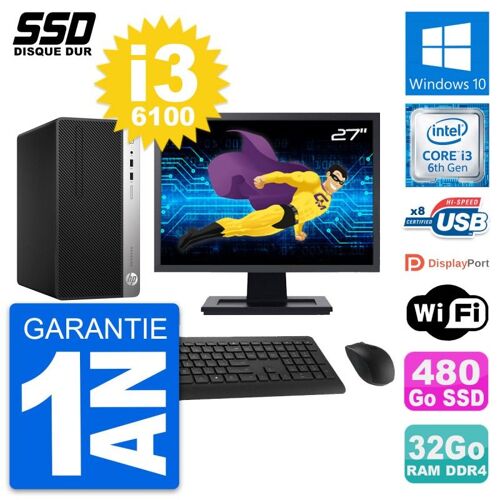 PC Tour HP 400 G4 MT Ecran 27" Intel i3-6100 RAM 32Go SSD 480Go Windows 10 Wifi