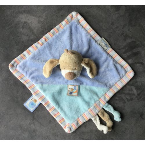 Doudou Plat Chien Bleu Rayé Et Étiquettes Nattou