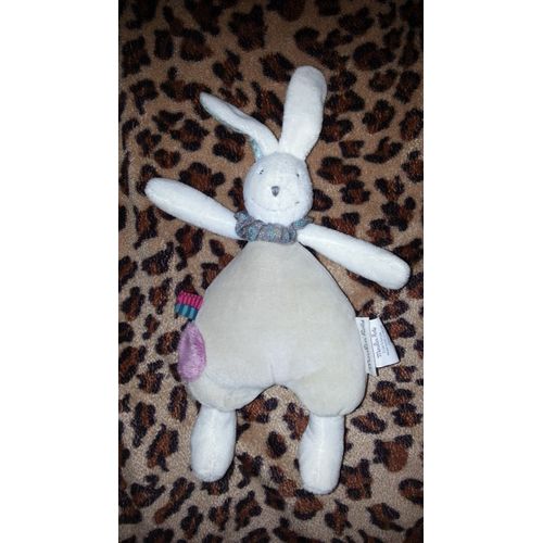 doudou lapin grelot beige blanc col moulin roty myrtille et capucine