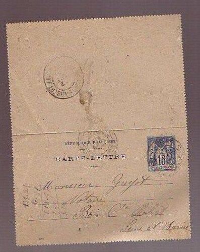 Entier Postal Carte Lettre 1897 - Timbre Le Sage Bleu 15cts - Oblitération Brie - Comte - Robert 77170