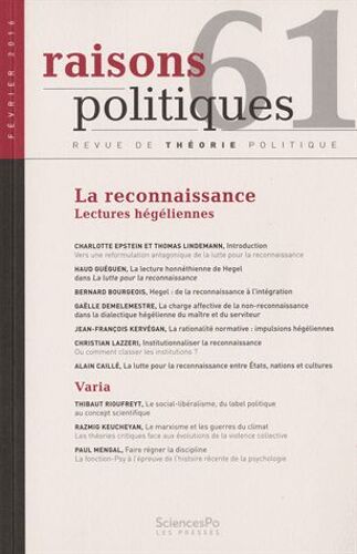 Raisons Politiques N° 61, Février 2016 - La Reconnaissance - Lectures Hégéliennes