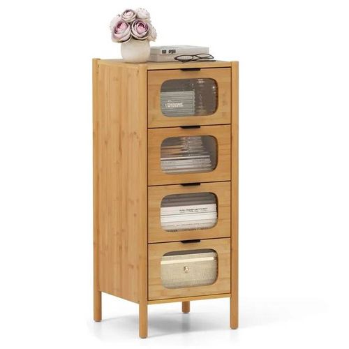 Costway Commode À 4 Tiroirs Avec Front En Verre Trempé Rayé, Bambou Pour Salon, Chambre, Bureau, Naturel, 40 X 40 X 97 Cm