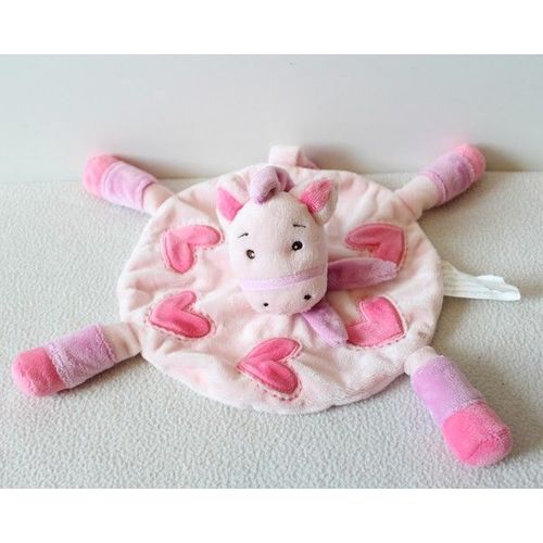 Doudou plat cheval KIMBALOO rond coeur rose mauve 4 pattes 24 cm