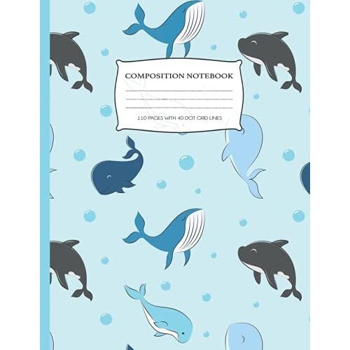 Composition Notebook: Light Blue Whale And Dolphin Print, Unique Dot-Lined Paper, 5mm Narrow-Ruled, 8.5" X 11", 110 Pages