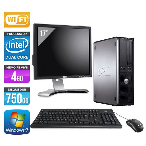 Dell Optiplex 780 Desktop + Ecran 17'' - Intel Core Duo E5300 / 2.60 GHz - RAM 4 Go - HDD 750 Go - DVD - GigaBit Ethernet - Wifi - Windows 7 Professionnel