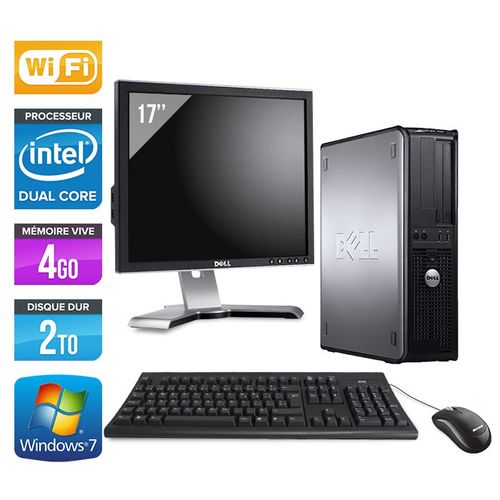 Dell Optiplex 780 Desktop + Ecran 17'' - Intel Core Duo E5300 / 2.60 GHz - RAM 4 Go - HDD 2 To - DVD - GigaBit Ethernet - Wifi - Windows 7 Professionnel