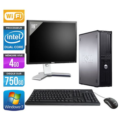 Dell Optiplex 780 Desktop + Ecran 19'' - Intel Core Duo E5300 / 2.60 GHz - RAM 4 Go - HDD 750 Go - DVD - GigaBit Ethernet - Wifi - Windows 7 Professionnel