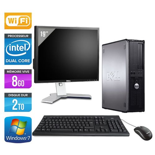 Dell Optiplex 780 Desktop + Ecran 19'' - Intel Core Duo E5300 / 2.60 GHz - RAM 8 Go - HDD 2 To - DVD - GigaBit Ethernet - Wifi - Windows 7 Professionnel