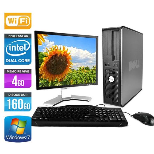 Dell Optiplex 780 Desktop + Ecran 17'' - Intel Core Duo E5300 / 2.60 GHz - RAM 4 Go - HDD 160 Go - DVD - GigaBit Ethernet - Wifi - Windows 7 Professionnel