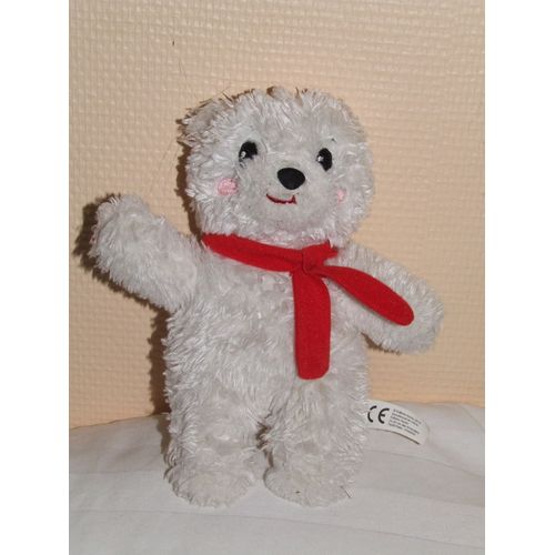 Ours Auzou Doudou Blanc Écharpe Rouge Fossettes Roses Peluche 22 Cm