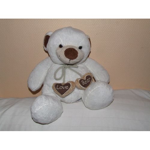 Ours Peluche Aubert Love Bear Doudou Blanc Beige Marron Crème 33 Cm