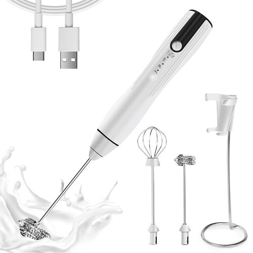 Mousseur à lait rechargeable portatif à 3 vitesses, puissant mélangeur à boisson à fouet avec 2 têtes pour le café, machine à mousse blanche
