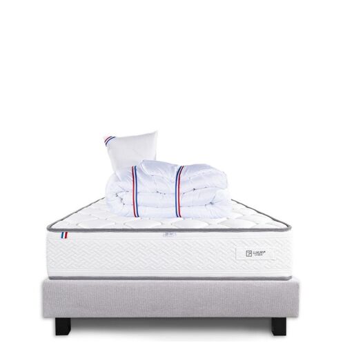 Ensemble Sommier gris (20cm), Matelas Iris (20 cm), mousses haute densité, ferme, face été/hiver, Oreiller et Couette - Gris, 90x190cm