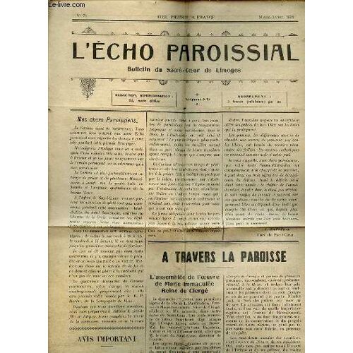 L'echo Paroissial N°71 / Mars-Avril 1931 - Bulletin Du Sacre-Coeur De Limoges - L'assemblée De L'oeuvre De Marie Immaculée Reine Du Clergé / Ecole Sainte-Philomène / La Voix De Sainte Jeanne ...