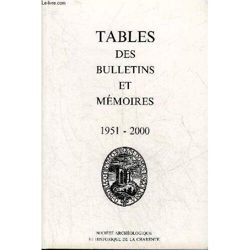 Tables Des Bulletins Et Memoires De La Societe Archeologique Et Historique De La Charente 1951-2000.