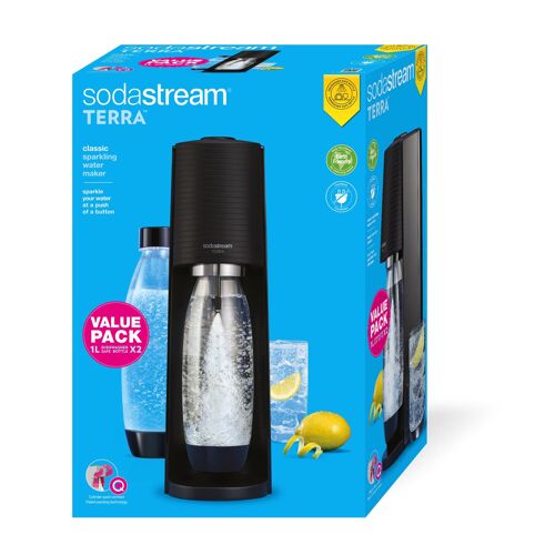 Machine de gazéification avec 2 bouteilles vides lavables au lave-vaisselle de 1 L et 1 cylindre de CO2 Quick Connect pour gazéifier jusqu'à 60 L, noir mat-Sodastream Terra Value Pack