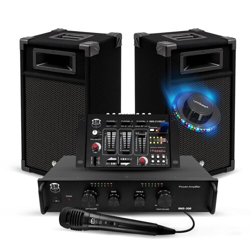 Kit Complet SONO 300W Bm Sonic BMS-DJ300 Initiation DJ Enceintes Ampli Table de Mixage Bluetooth USB, Micro, Lumières LED,Câbles
