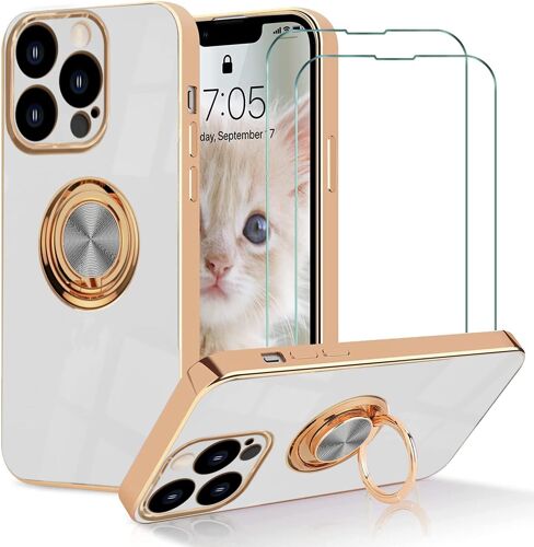 Coque Pour Iphone 14 Pro(6.1"") Etui Avec 2 Verre Trempe Protection Ecran, Support Rotatif A 360¡Ã Support De Voiture Silicone Antichoc Housse, Etui Ultra-Fin Pour Femme Blanc