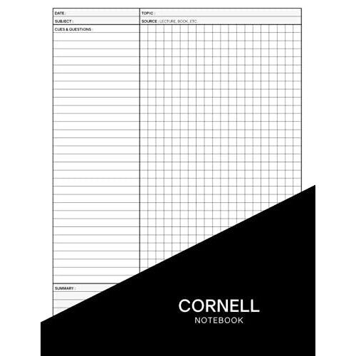 Cornell Notebook: Large Print Graph Paper Quad Grid Note Taking System Paper With Table Of Contents And Numbered Pages 8.5 X 11 Black Cover
