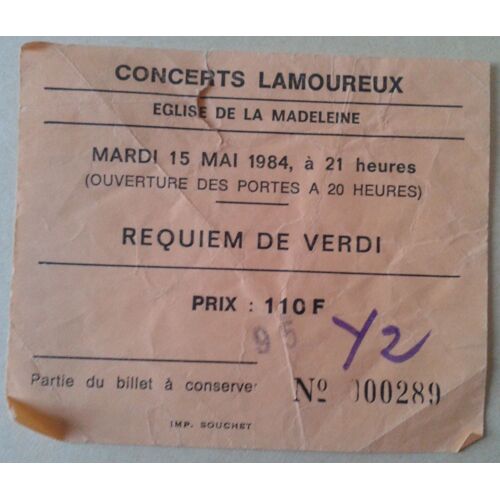 Billet Concerts Lamoureux Mardi 15 Mai 1984 Requiem De Verdi 110 F