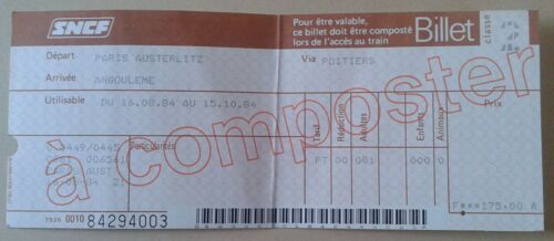 Billet Train Sncf 2nd Classe Paris Austerlitz Angoulême Utilisable Du 16.08.84 Au 15.10.84