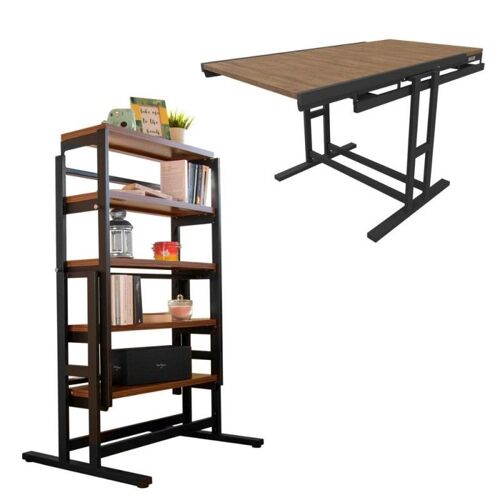 Etagère modulable (H125 x l78 x P62 cm) convertible en Table - style industriel - Marron